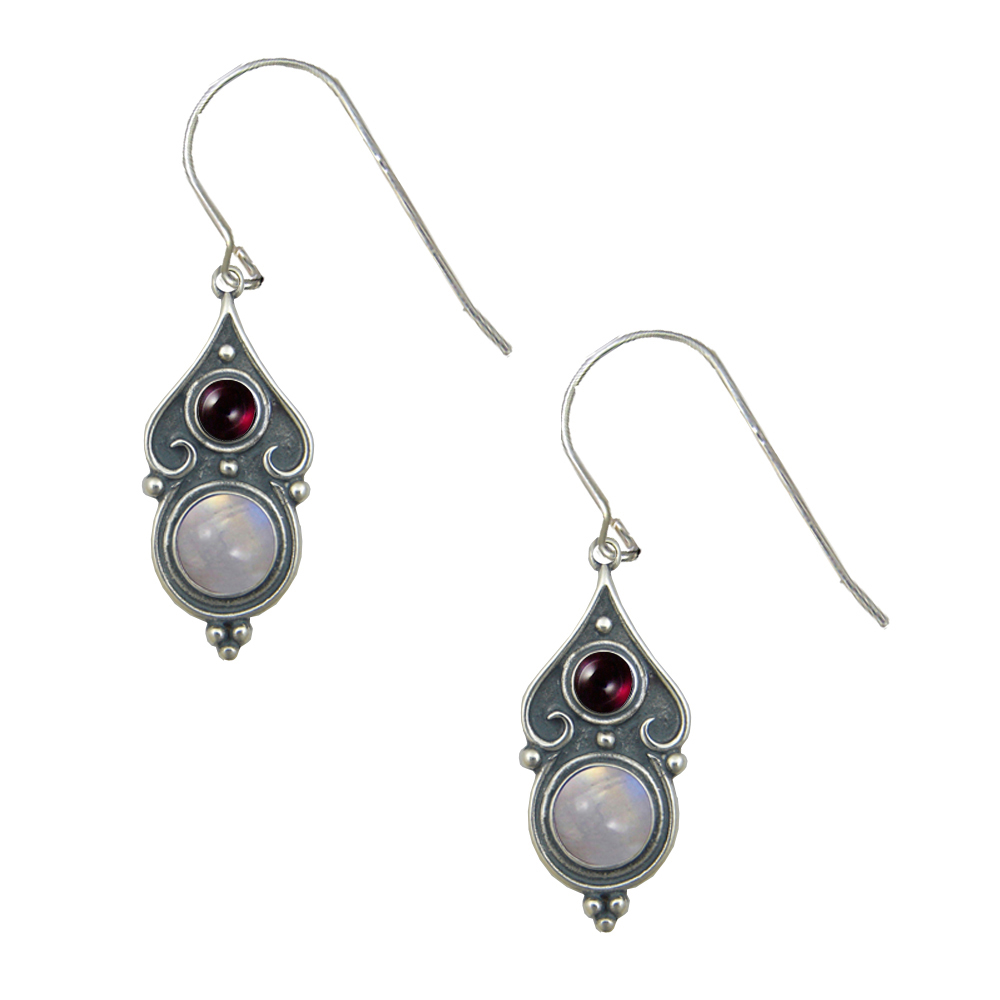 Sterling Silver Designer Post Stud Earrings With Rainbow Moonstone And Garnet